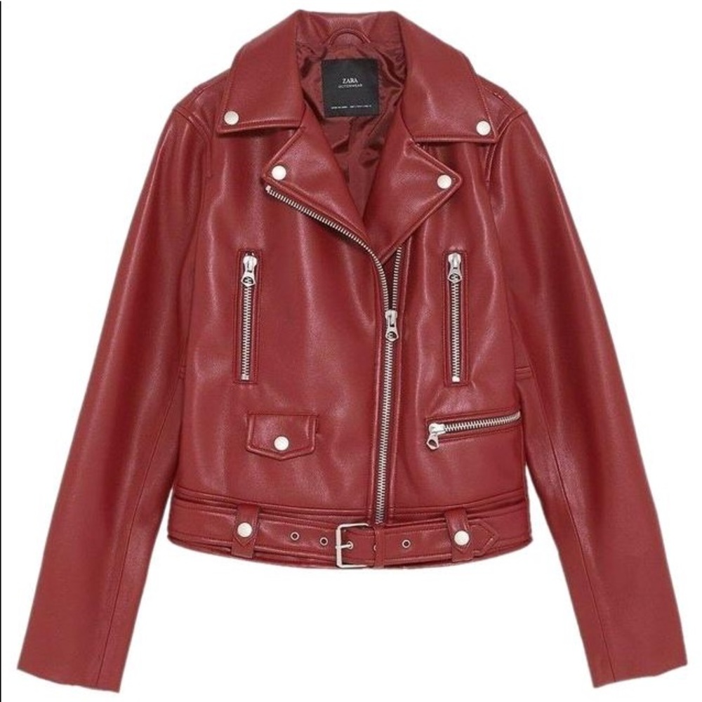 Zara Red Leather Moto Biker Jacket
